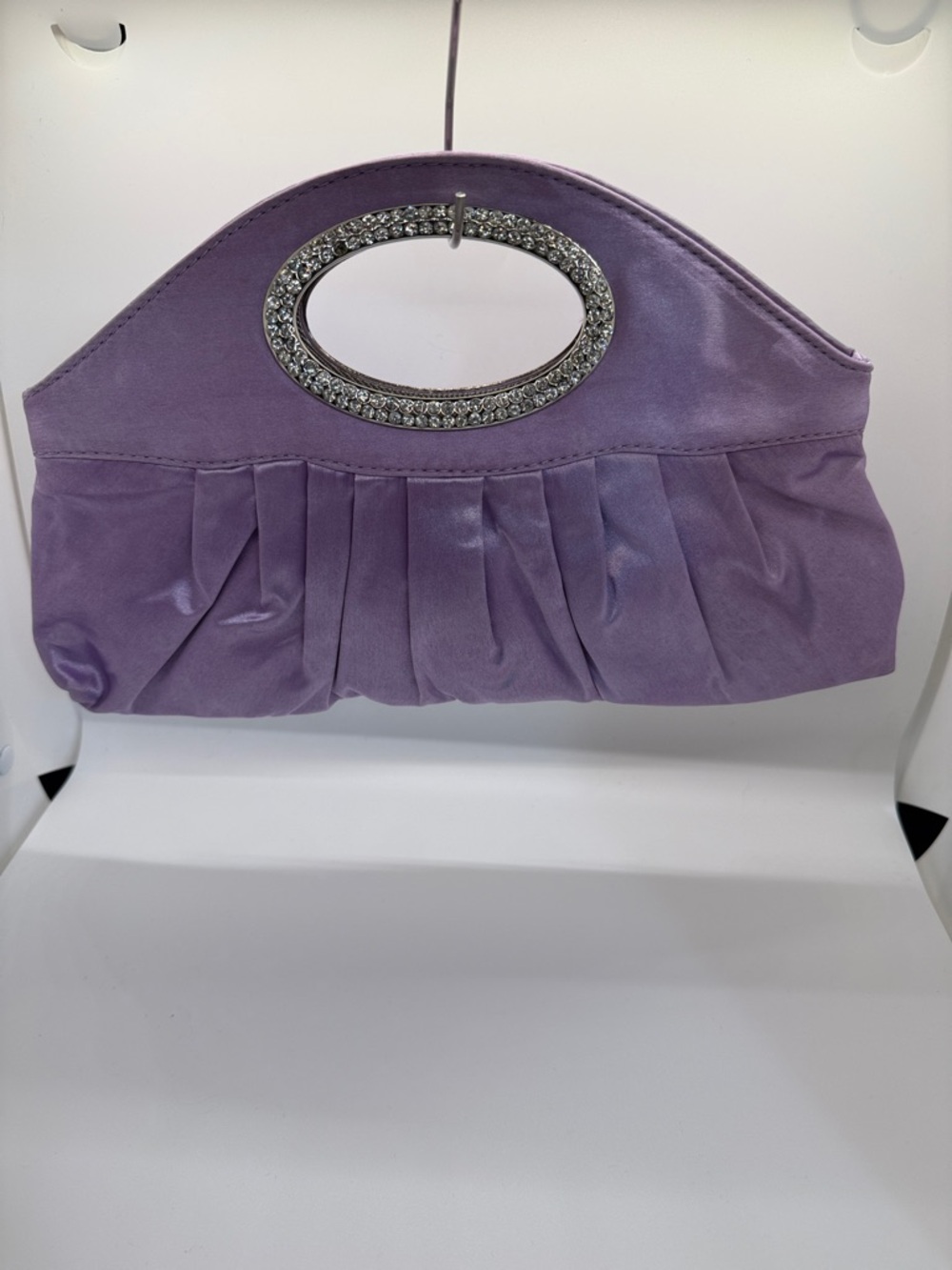 Purple Satin Pleated Clutch Handbag with Rhinestone Handle